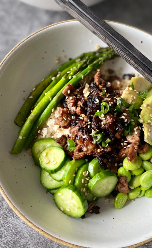 Bowls de rib eye, pollo o salmón teriyaki